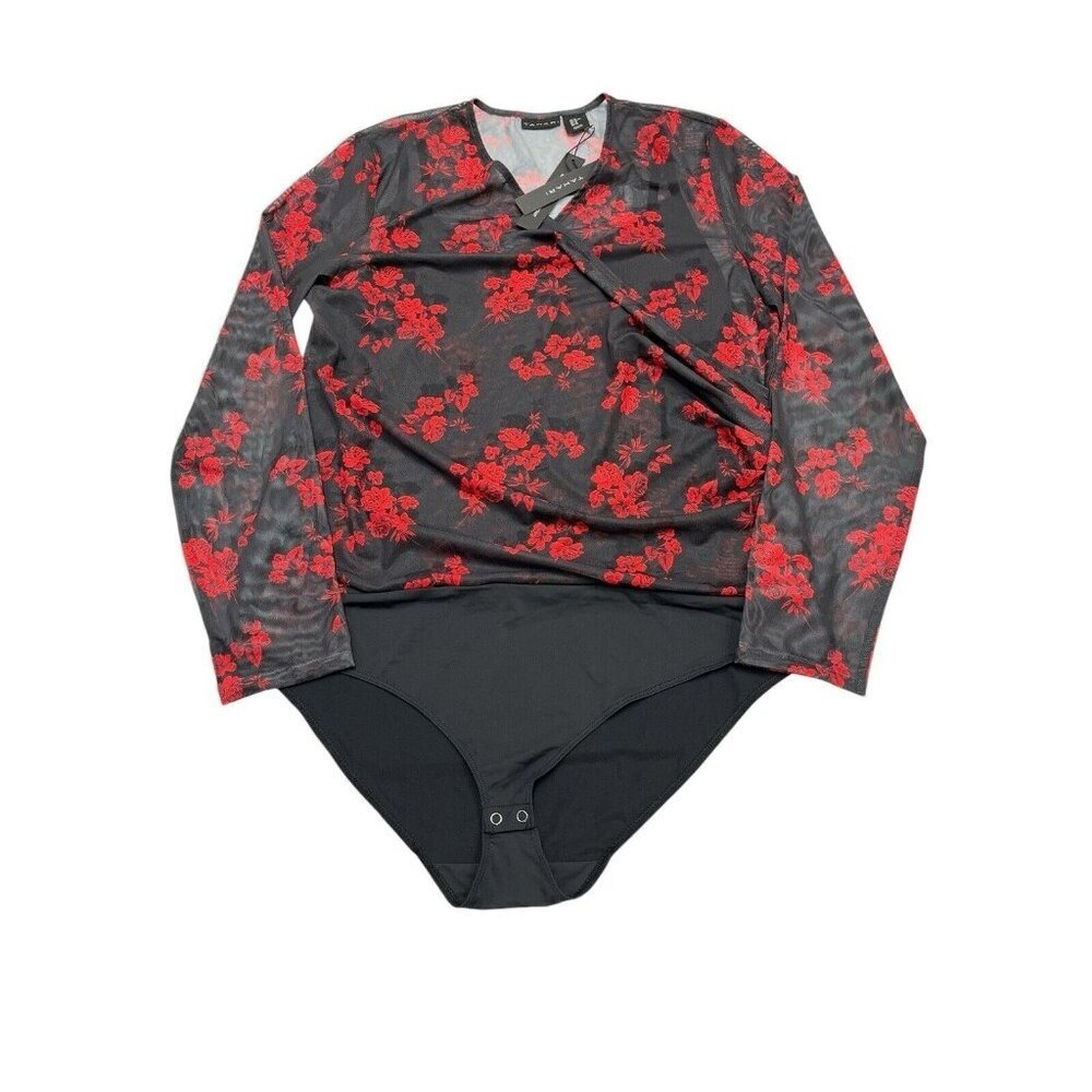 Tahari Body Suit‎ Black Mesh Red Floral Roses Surplice Womens XL Layer Office